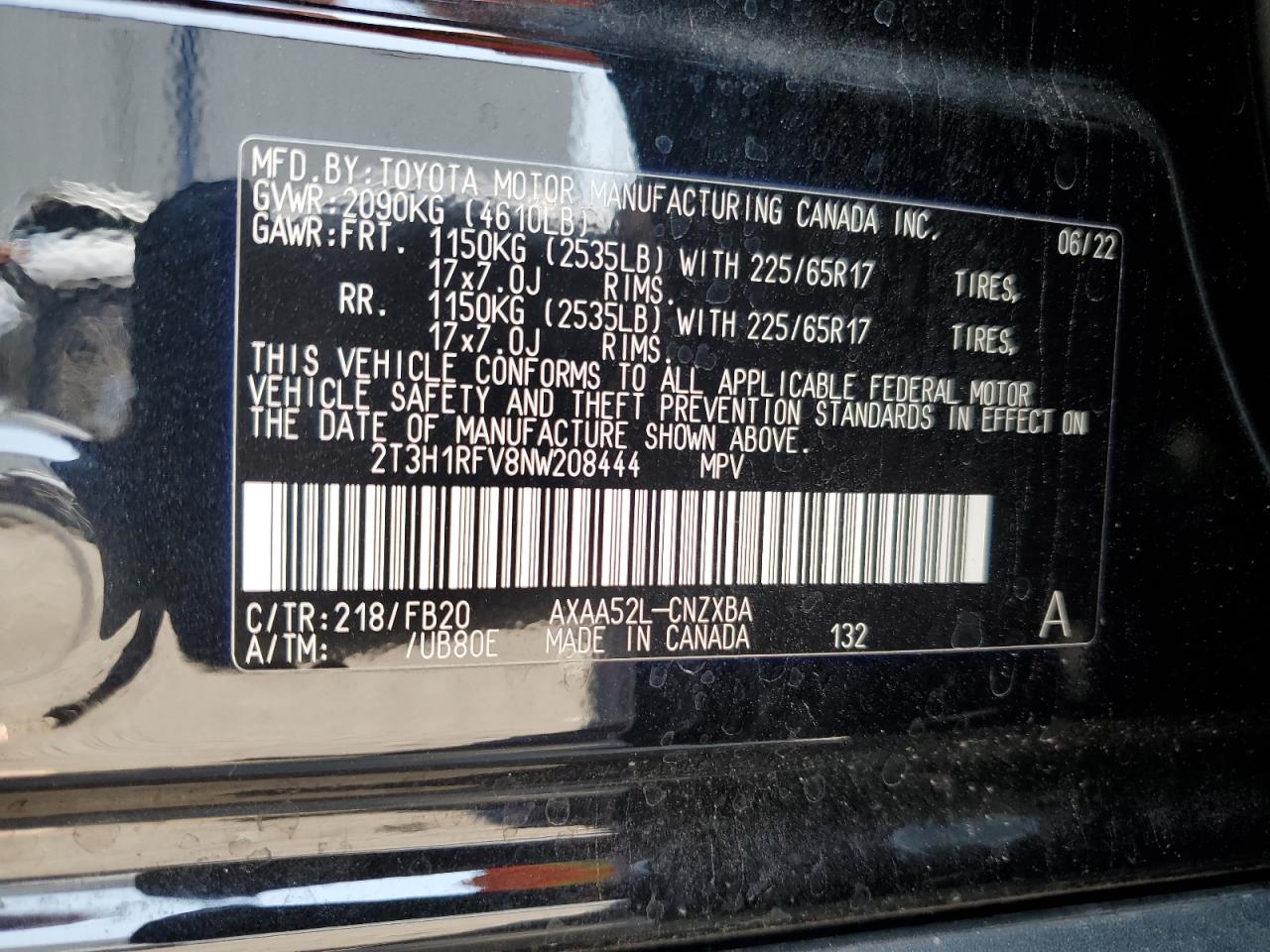 2022 Toyota Rav4 Le VIN: 2T3H1RFV8NW208444 Lot: 65080565