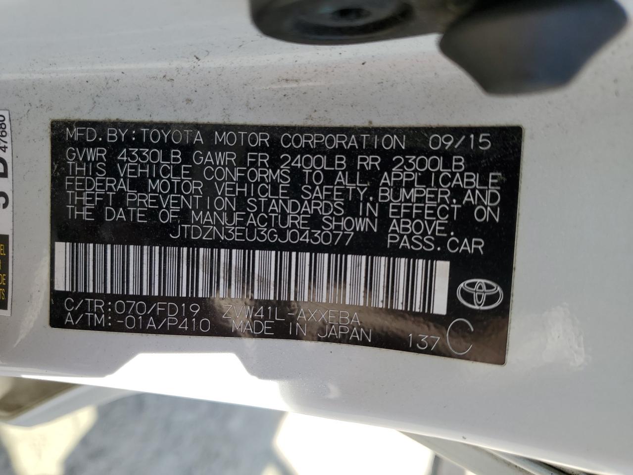 2016 Toyota Prius V VIN: JTDZN3EU3GJ043077 Lot: 62261125