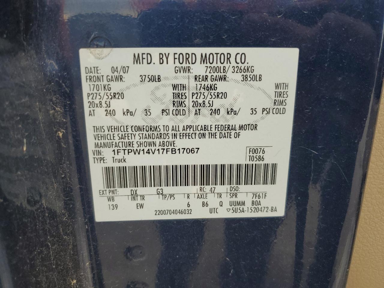 2007 Ford F150 Supercrew VIN: 1FTPW14V17FB17067 Lot: 64987695
