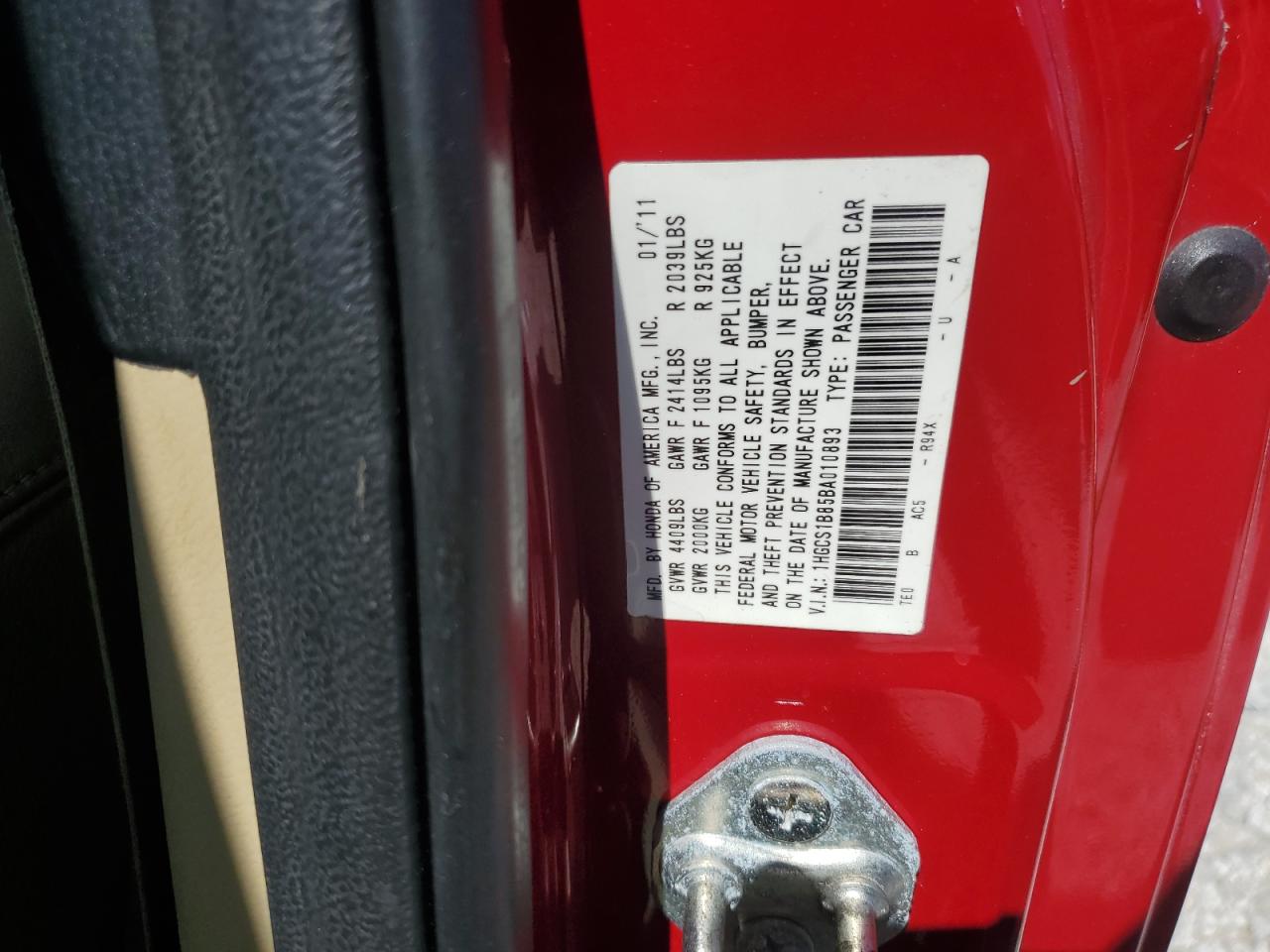 2011 Honda Accord Exl VIN: 1HGCS1B85BA010893 Lot: 66504295