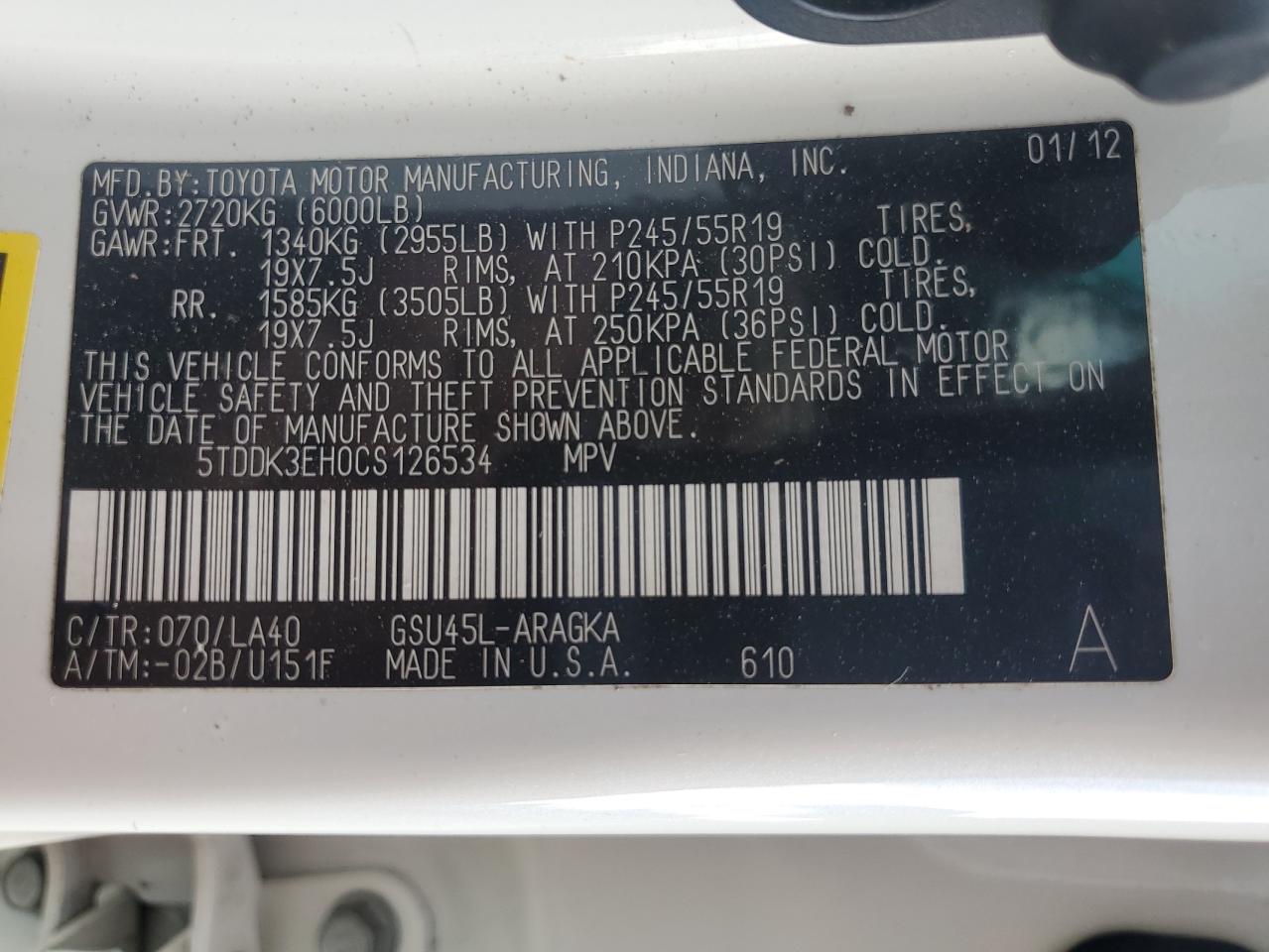 2012 Toyota Highlander Limited VIN: 5TDDK3EH0CS126534 Lot: 63414175