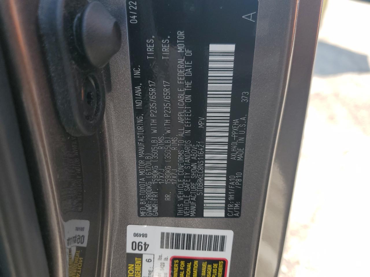 2022 Toyota Sienna Le VIN: 5TDBRKEC8NS116421 Lot: 63981105