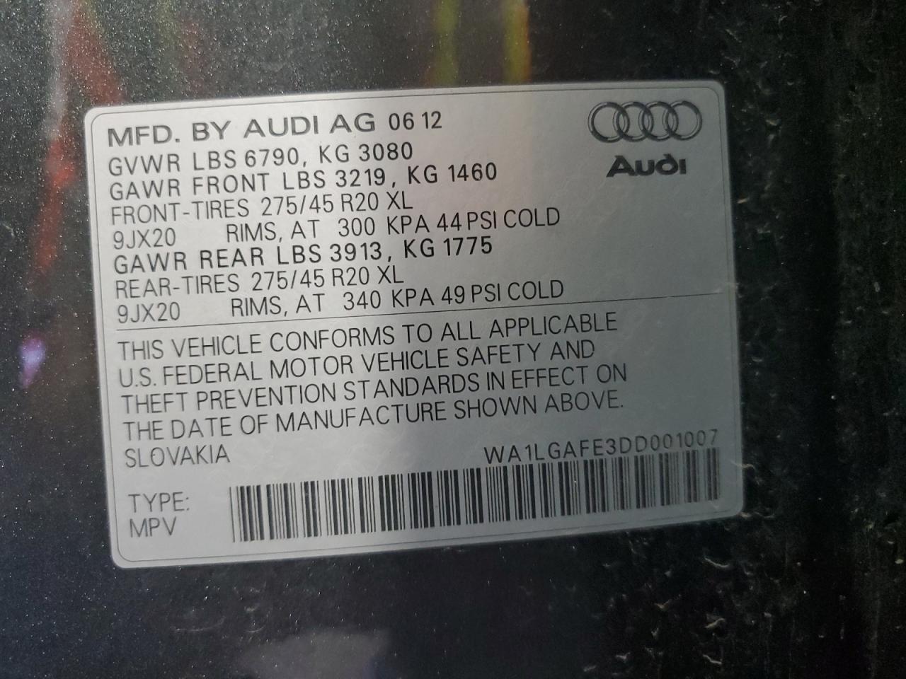 2013 Audi Q7 Premium Plus VIN: WA1LGAFE3DD001007 Lot: 63931795