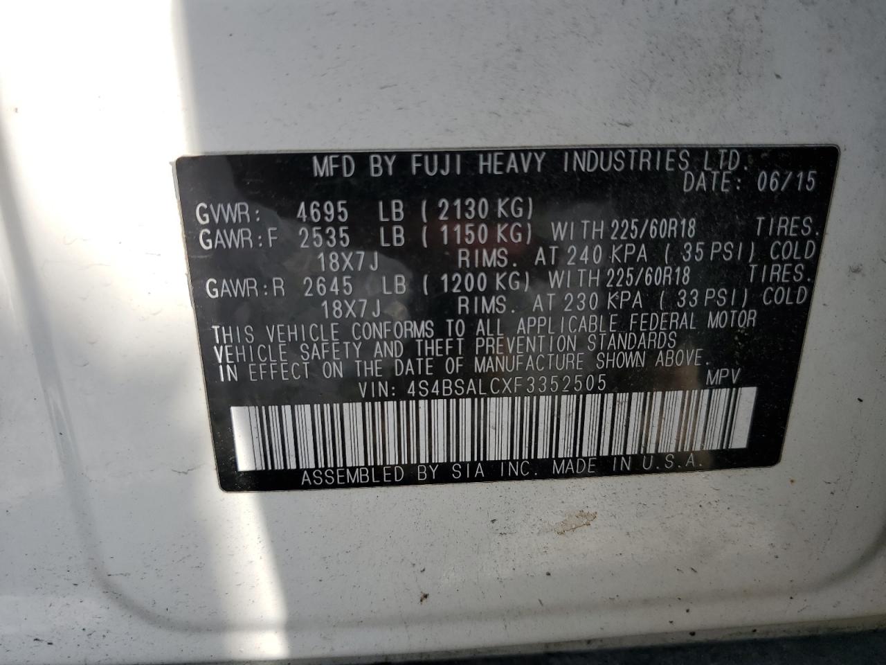 2015 Subaru Outback 2.5I Limited VIN: 4S4BSALCXF3352505 Lot: 67022735