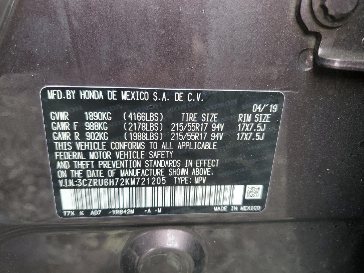 2019 Honda Hr-V Exl VIN: 3CZRU6H72KM721205 Lot: 63913675