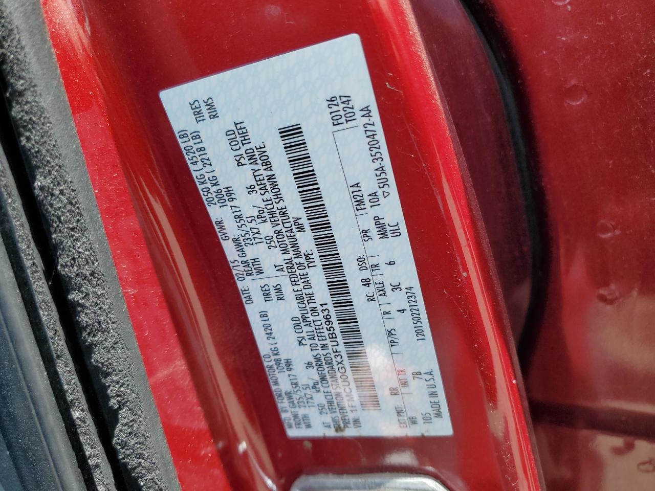 2015 Ford Escape Se VIN: 1FMCU0GX3FUB59631 Lot: 65528695