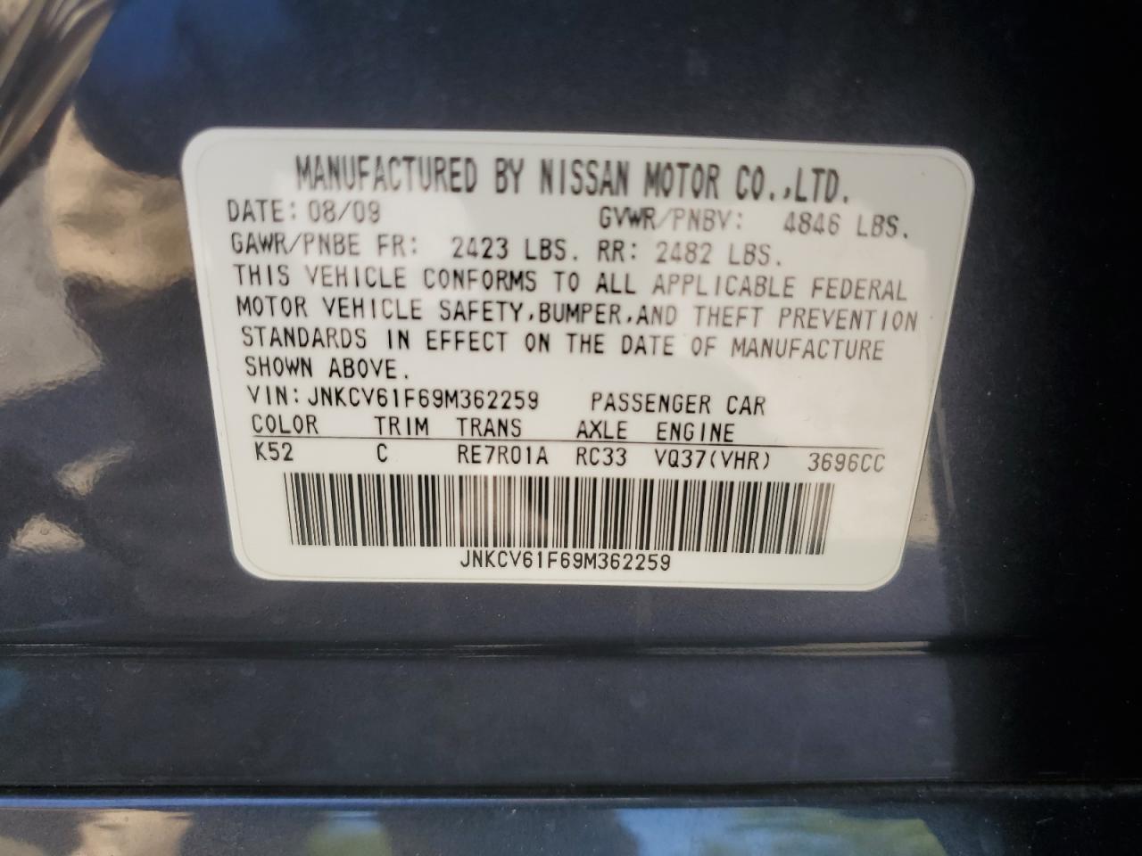 2009 Infiniti G37 VIN: JNKCV61F69M362259 Lot: 64829045