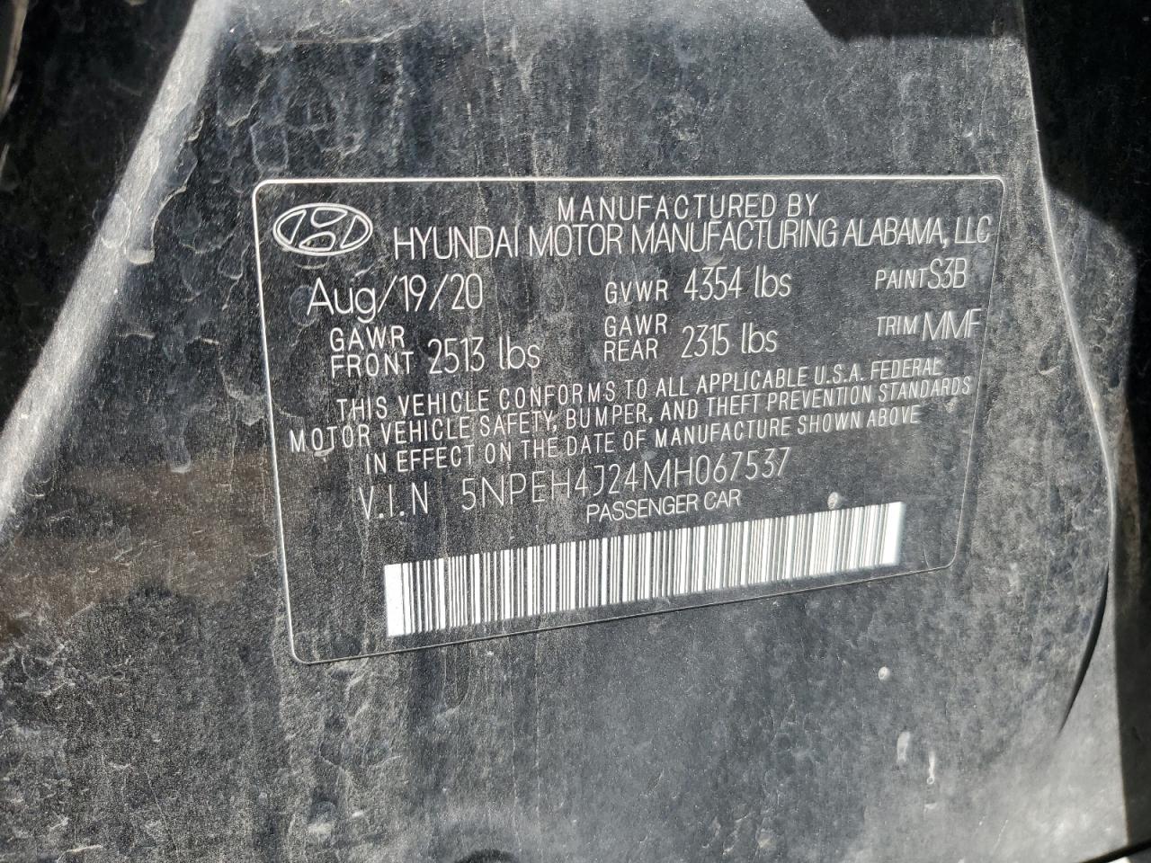 2021 Hyundai Sonata Limited VIN: 5NPEH4J24MH067537 Lot: 64847025
