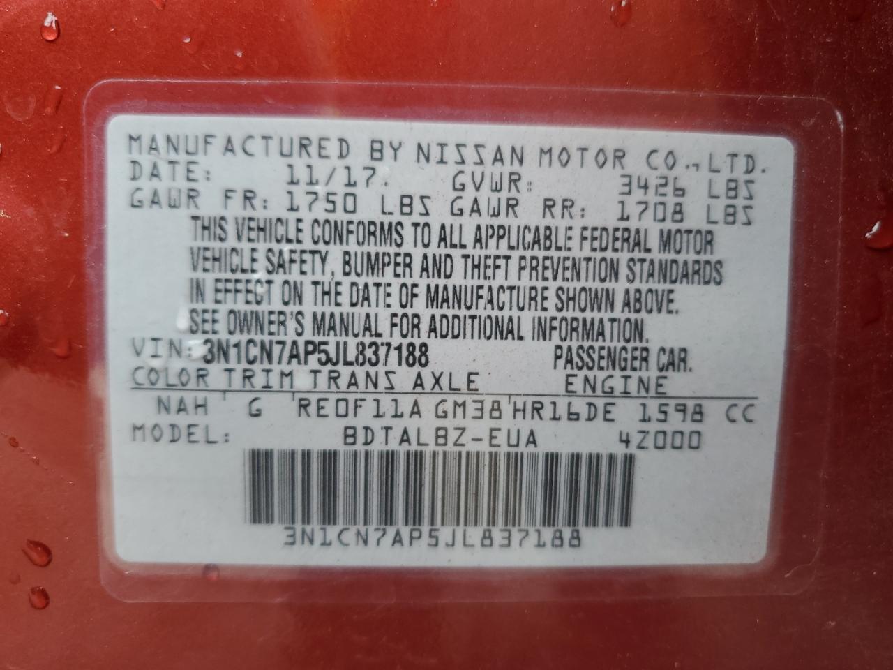 2018 Nissan Versa S VIN: 3N1CN7AP5JL837188 Lot: 63421955