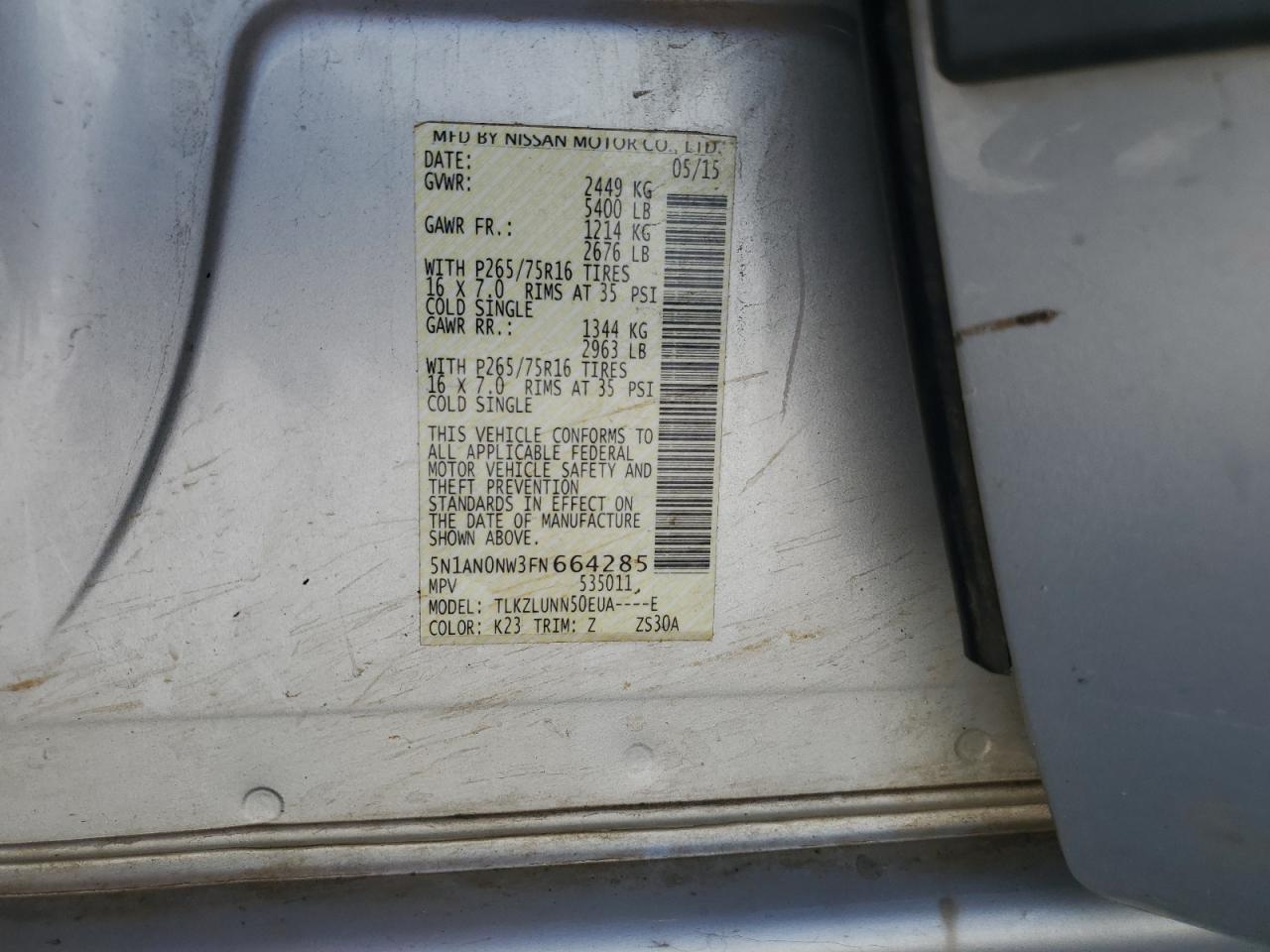 2015 Nissan Xterra X VIN: 5N1AN0NW3FN664285 Lot: 64063665