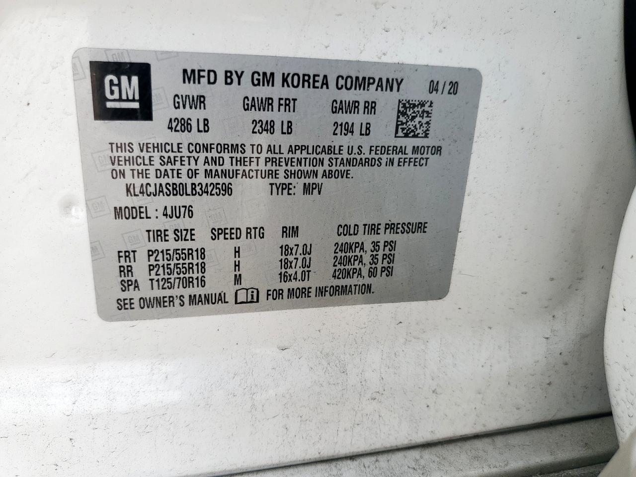 2020 Buick Encore Preferred VIN: KL4CJASB0LB342596 Lot: 65427455