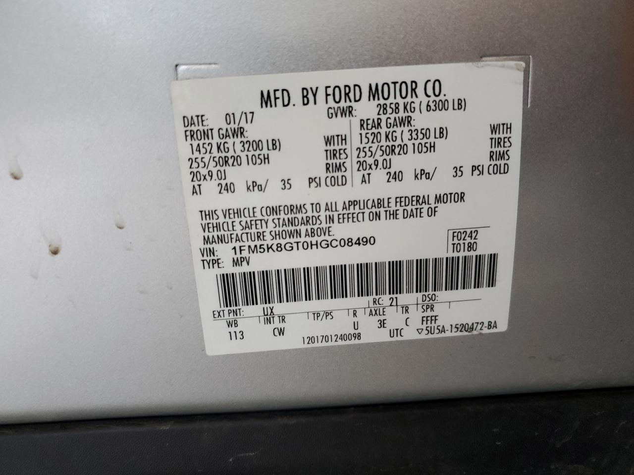 2017 Ford Explorer Sport VIN: 1FM5K8GT0HGC08490 Lot: 63056355