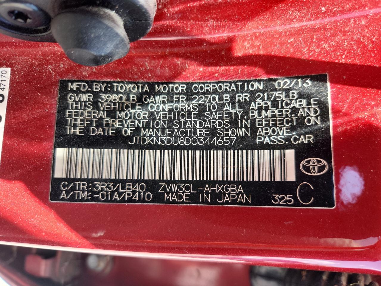 2013 Toyota Prius VIN: JTDKN3DU8D0344657 Lot: 65633695