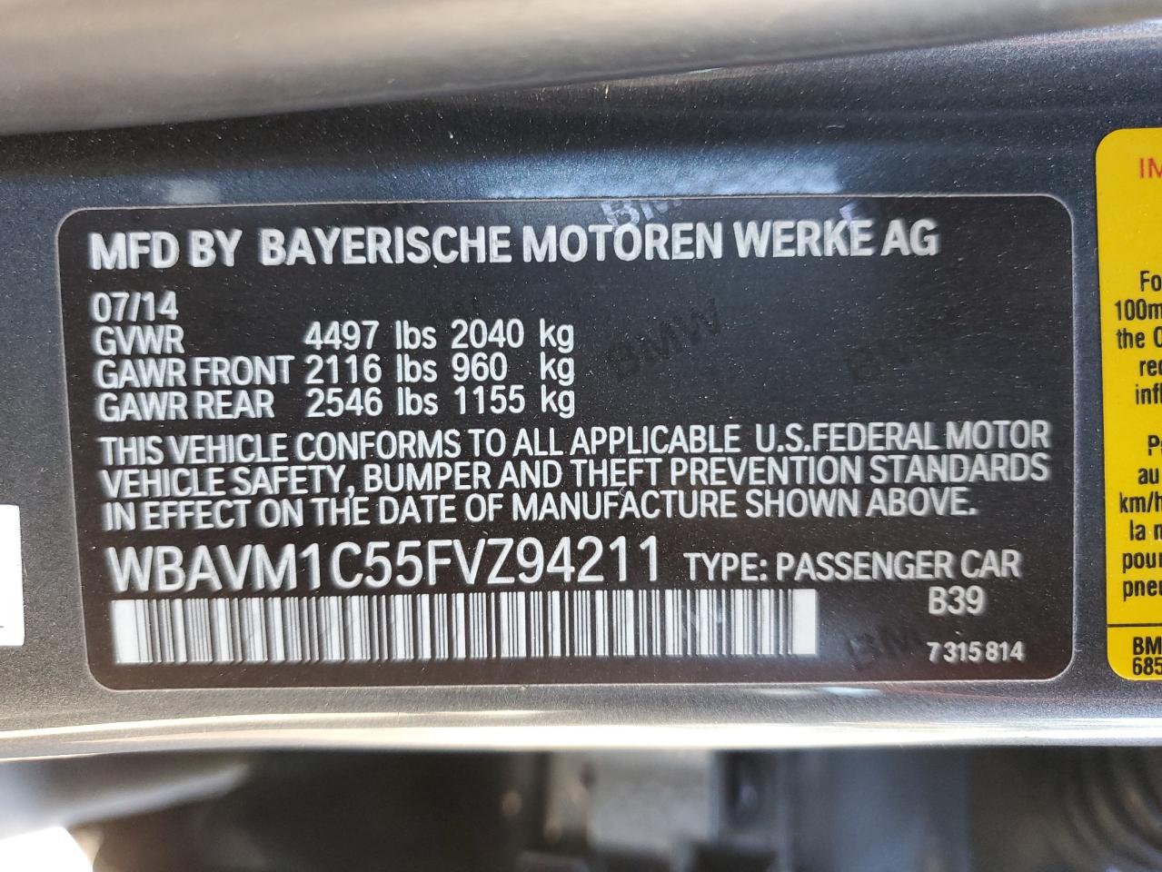 2015 BMW X1 Sdrive28I VIN: WBAVM1C55FVZ94211 Lot: 66403015