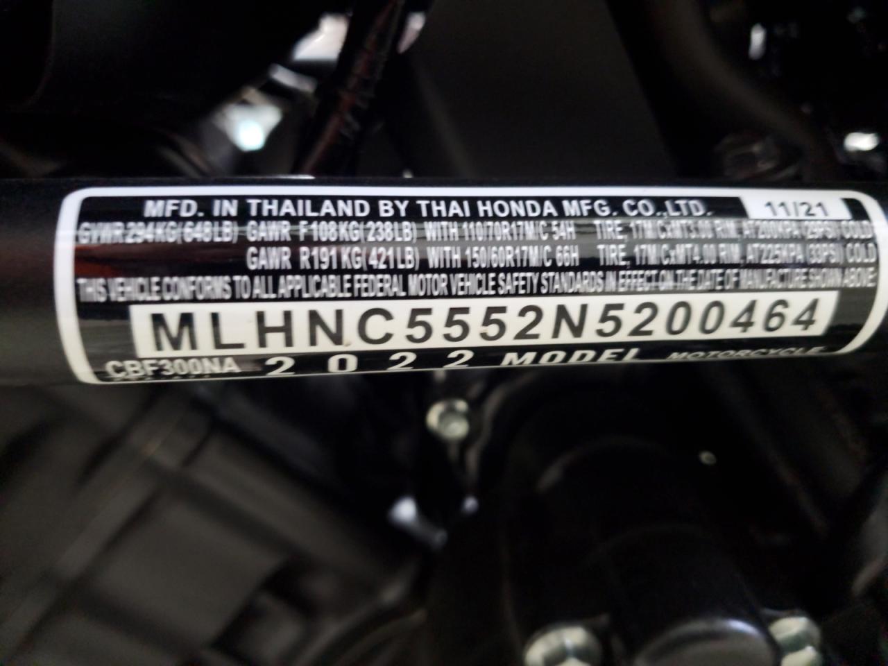2022 Honda Cbf300 Na VIN: MLHNC5552N5200464 Lot: 62892975