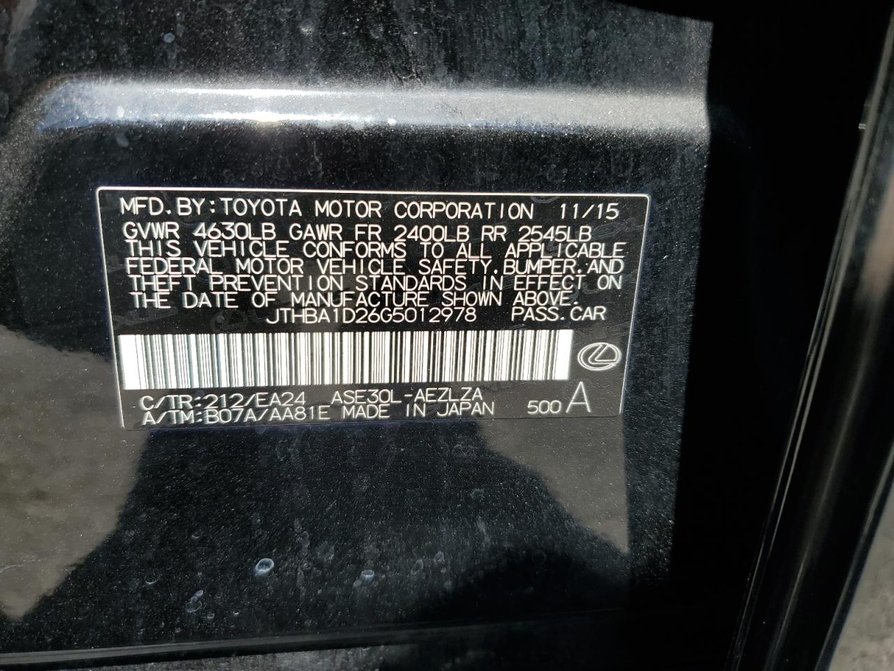 2016 Lexus Is 200T VIN: JTHBA1D26G5012978 Lot: 67078535