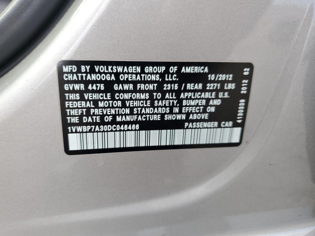 2013 Volkswagen Passat Se VIN: 1VWBP7A30DC046466 Lot: 65348755