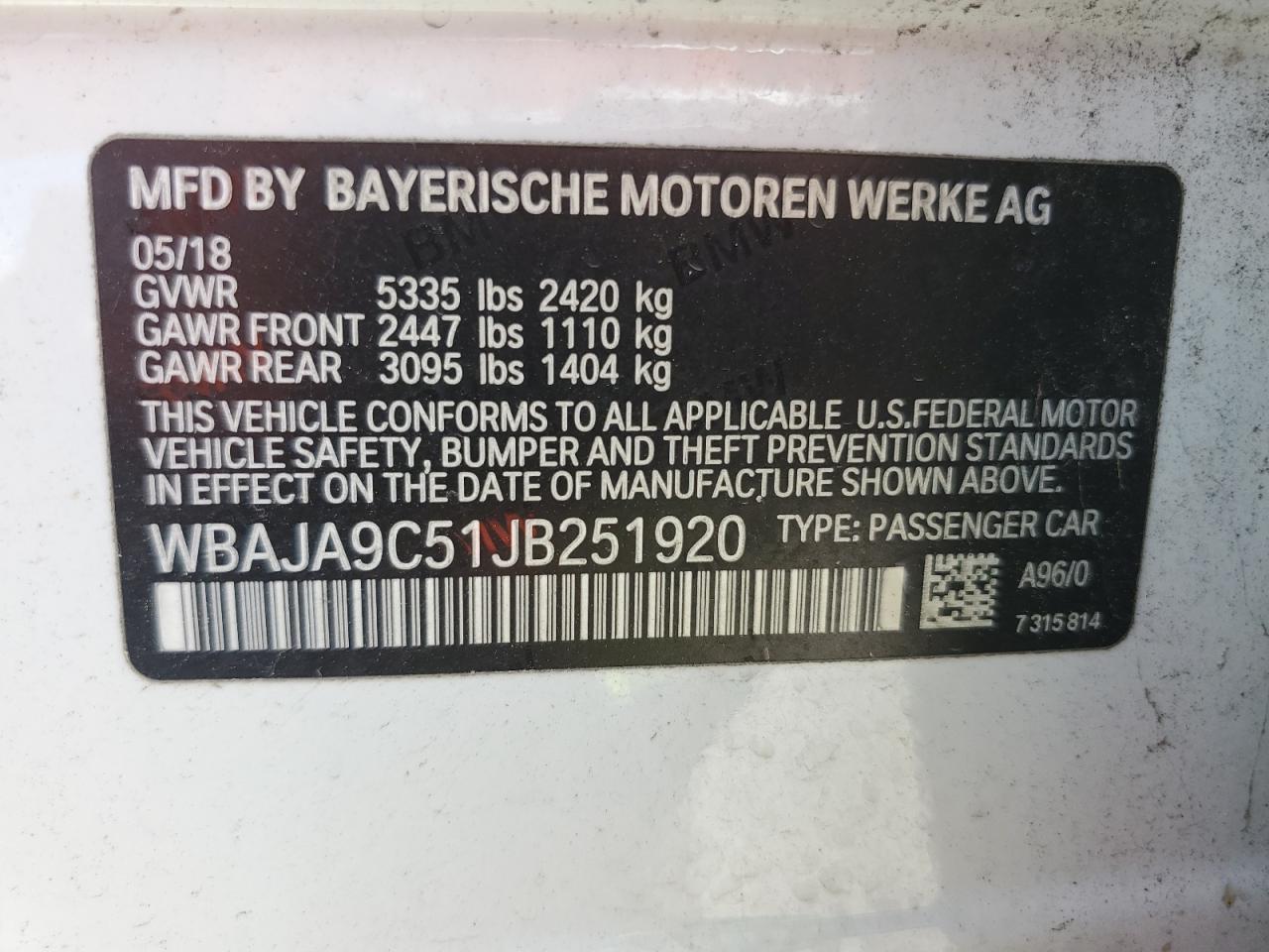 2018 BMW 530E VIN: WBAJA9C51JB251920 Lot: 64736495