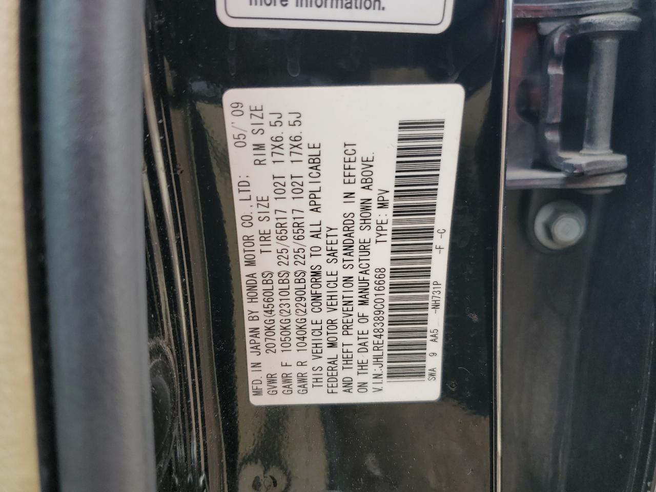 2009 Honda Cr-V Lx VIN: JHLRE48389C016668 Lot: 66382085