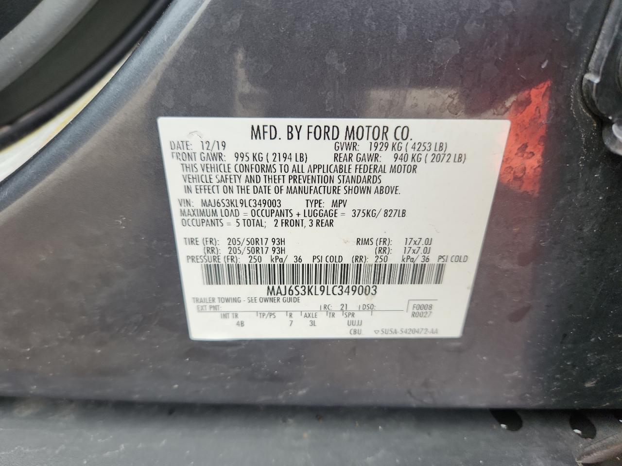 2020 Ford Ecosport Titanium VIN: MAJ6S3KL9LC349003 Lot: 64128555