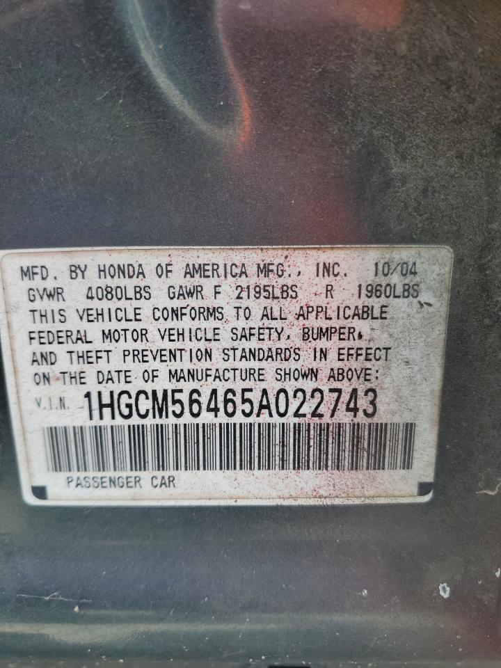 2005 Honda Accord Lx VIN: 1HGCM56465A022743 Lot: 64199415