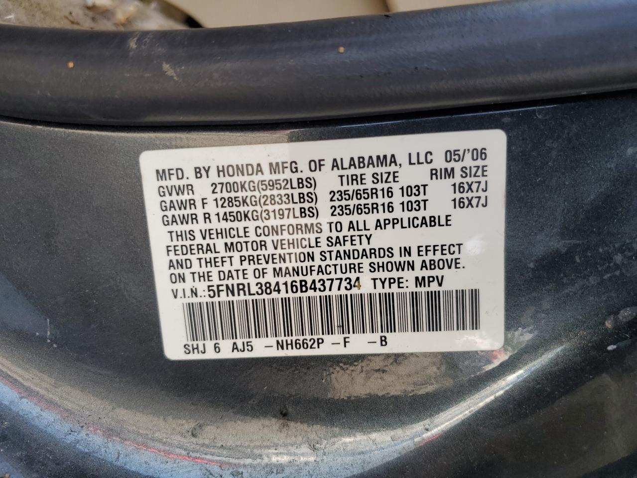 2006 Honda Odyssey Ex VIN: 5FNRL38416B437734 Lot: 64601665