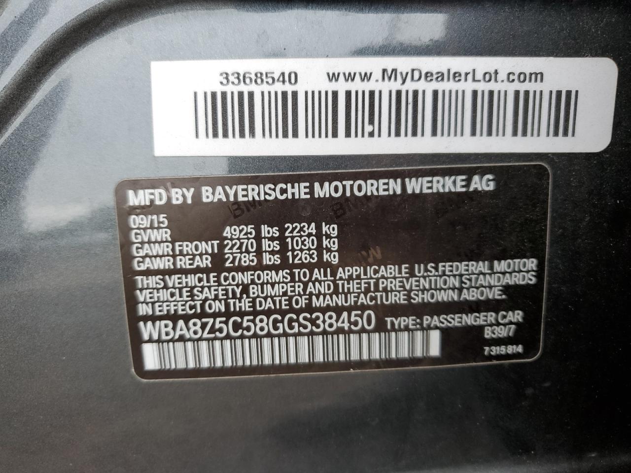 2016 BMW 328 Xigt Sulev VIN: WBA8Z5C58GGS38450 Lot: 63977855