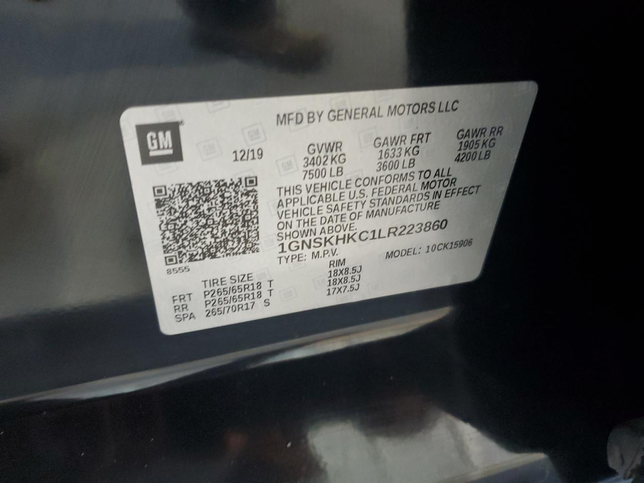 2020 Chevrolet Suburban K1500 Lt VIN: 1GNSKHKC1LR223860 Lot: 66942935
