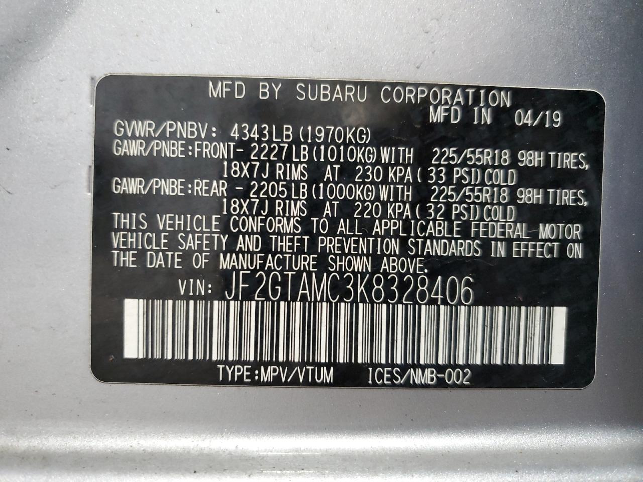 2019 Subaru Crosstrek Limited VIN: JF2GTAMC3K8328406 Lot: 63150455