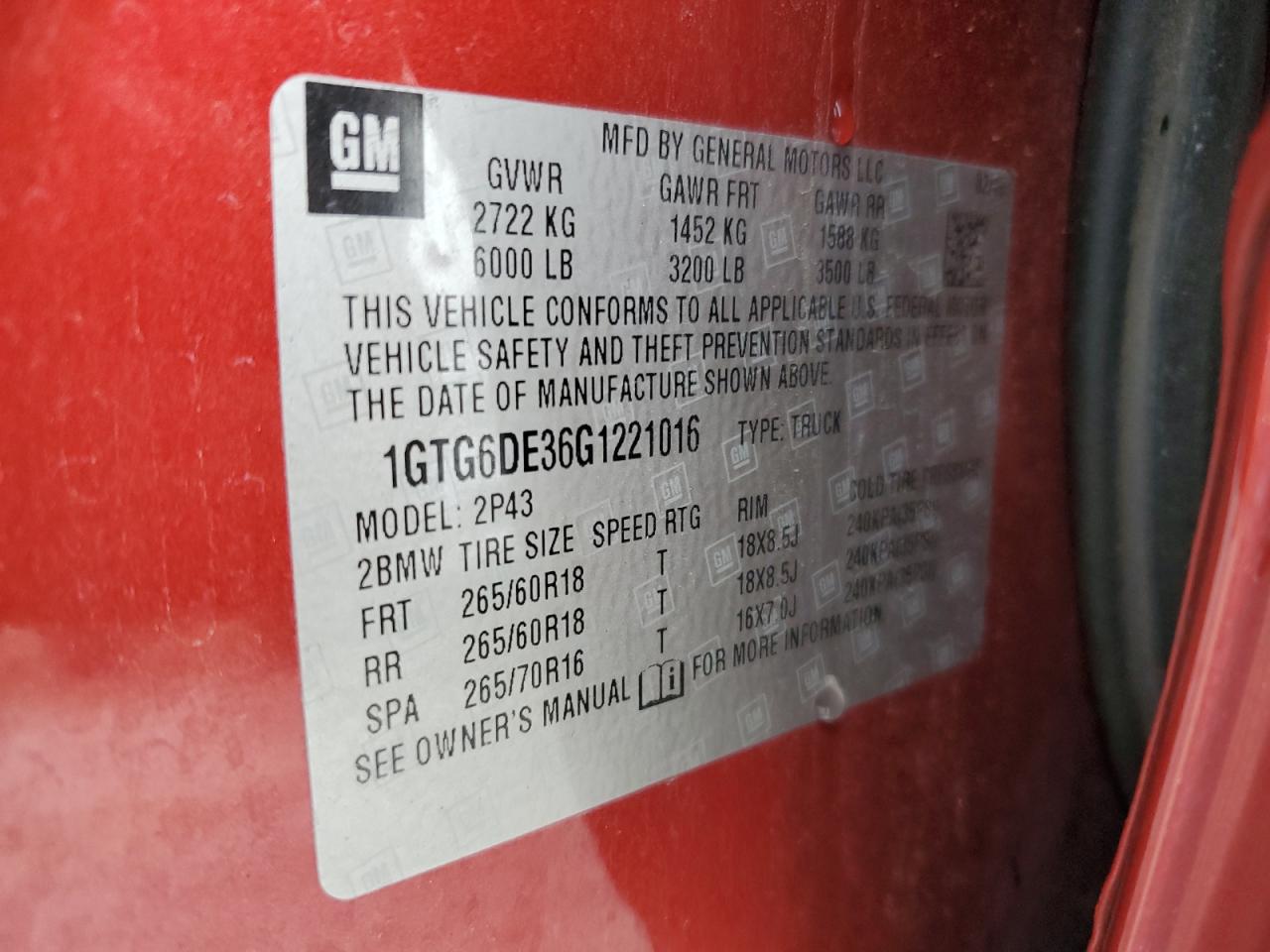 2016 GMC Canyon Slt VIN: 1GTG6DE36G1221016 Lot: 63597275