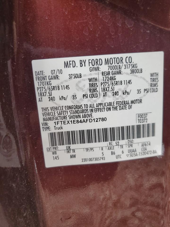 2010 Ford F150 Super Cab VIN: 1FTEX1E84AFD12780 Lot: 65169645