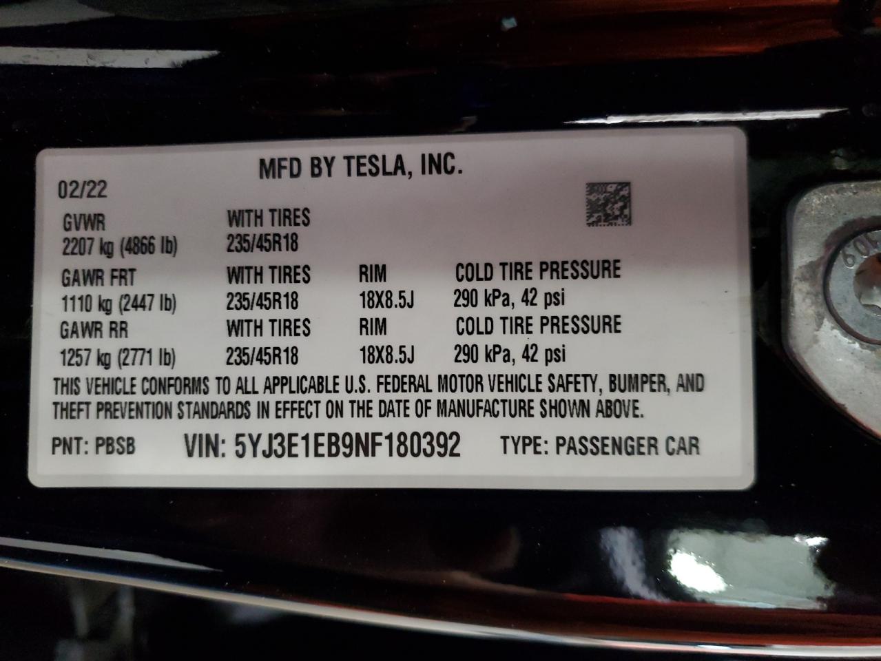 2022 Tesla Model 3 VIN: 5YJ3E1EB9NF180392 Lot: 66862615
