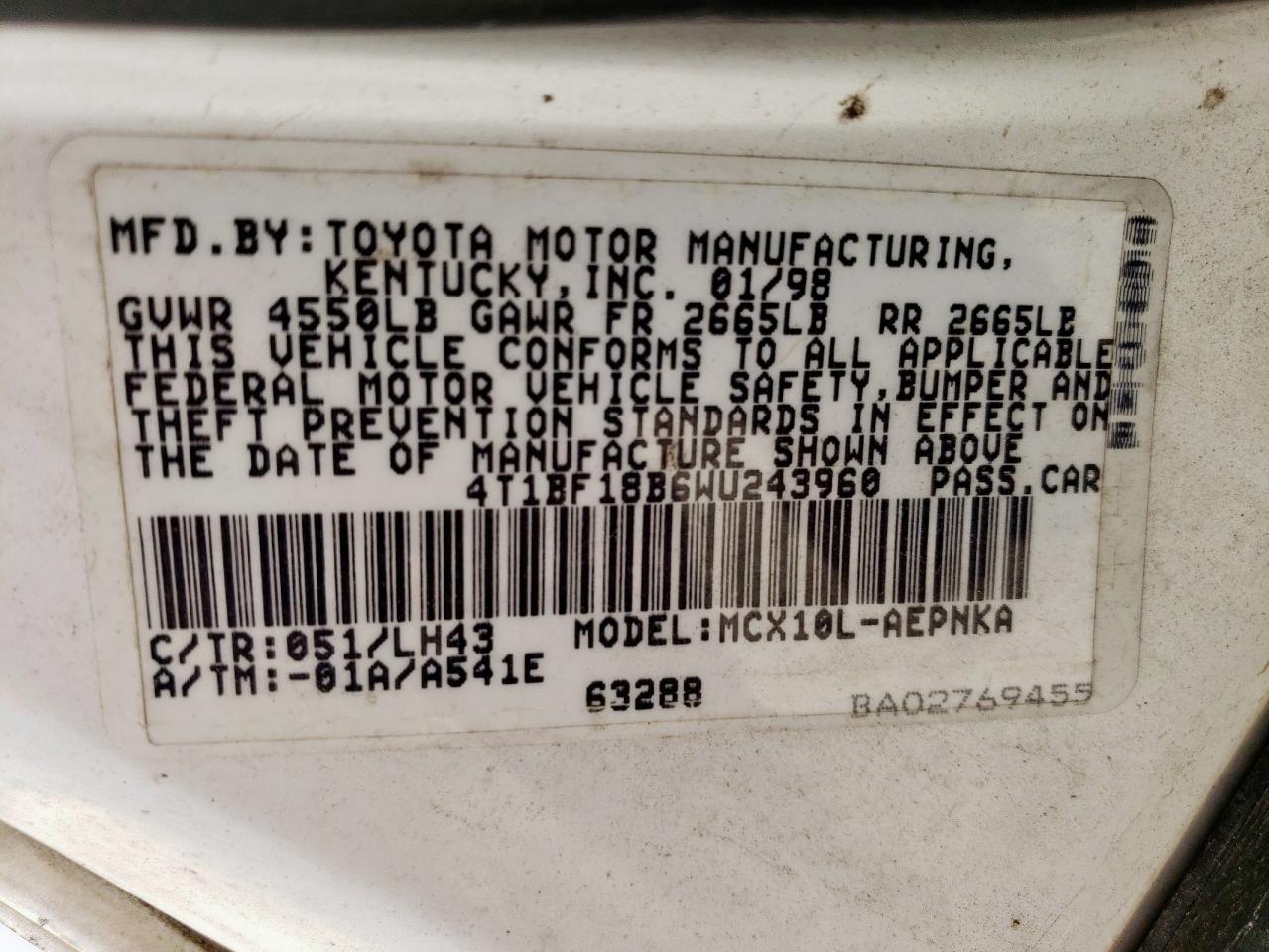 1998 Toyota Avalon Xl VIN: 4T1BF18B6WU243960 Lot: 63309175