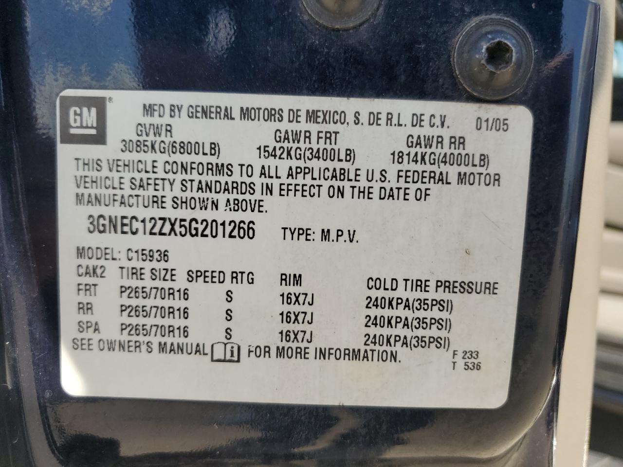 2005 Chevrolet Avalanche C1500 VIN: 3GNEC12ZX5G201266 Lot: 64992765