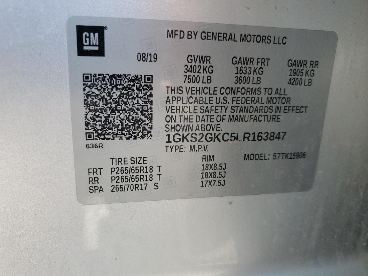 2020 GMC Yukon Xl K1500 Slt VIN: 1GKS2GKC5LR163847 Lot: 65014065