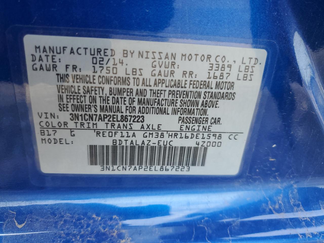 2014 Nissan Versa S VIN: 3N1CN7AP2EL867223 Lot: 64414055