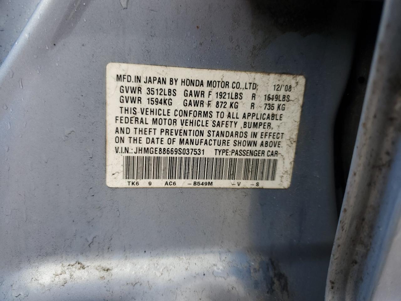 2009 Honda Fit Sport VIN: JHMGE88669S037531 Lot: 64277675