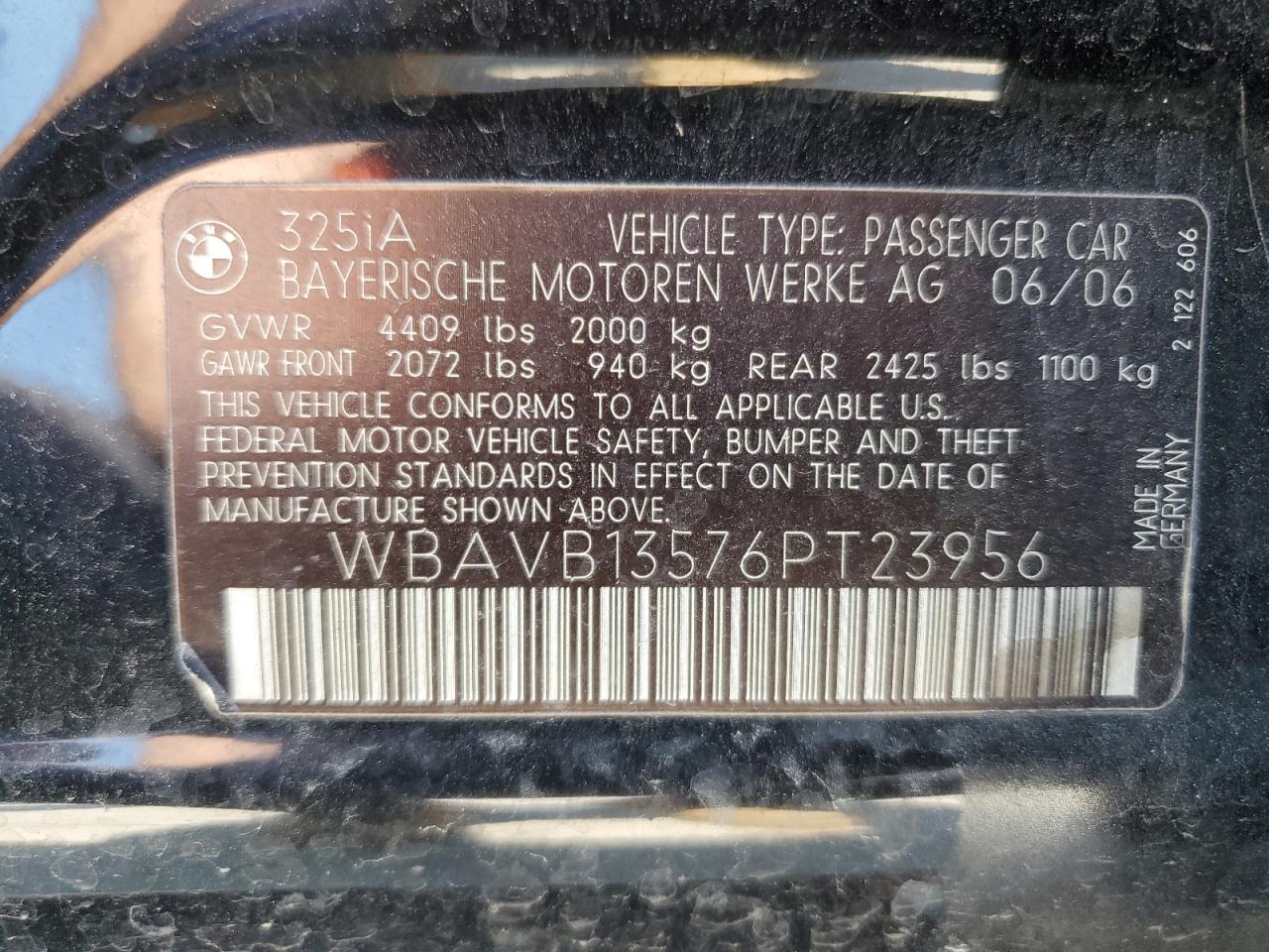 2006 BMW 325 I VIN: WBAVB13576PT23956 Lot: 66830745