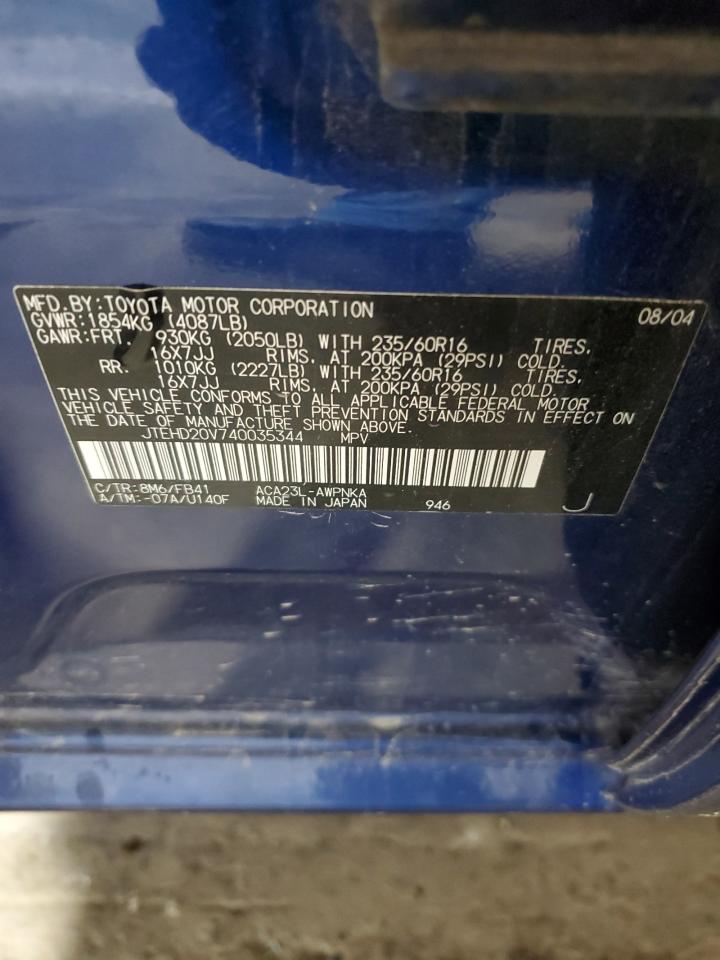 2004 Toyota Rav4 VIN: JTEHD20V740035344 Lot: 66035865