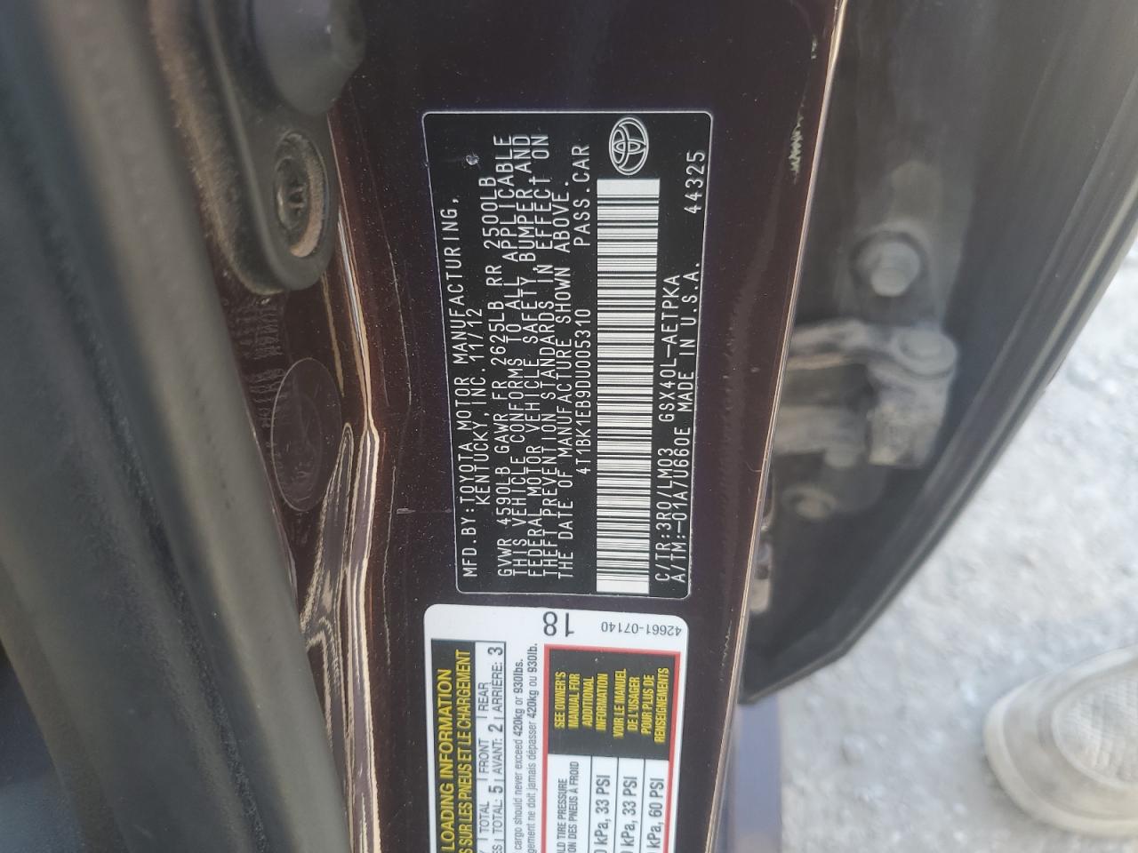 2013 Toyota Avalon Base VIN: 4T1BK1EB9DU005310 Lot: 62824945