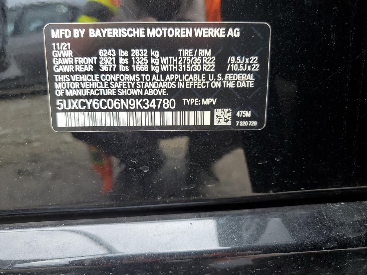 2022 BMW X6 xDrive40I VIN: 5UXCY6C06N9K34780 Lot: 64225785