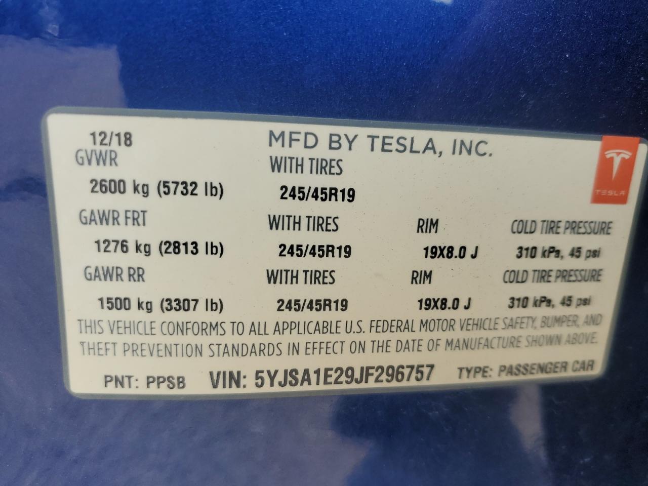 2018 Tesla Model S VIN: 5YJSA1E29JF296757 Lot: 64961585