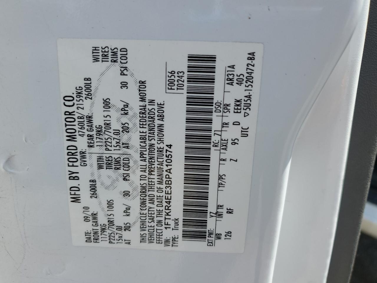 2011 Ford Ranger Super Cab VIN: 1FTKR4EE3BPA10574 Lot: 65166765