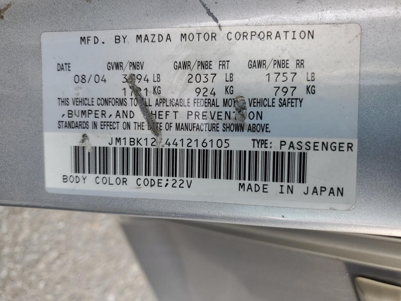 2004 Mazda 3 I VIN: JM1BK12F441216105 Lot: 65359205