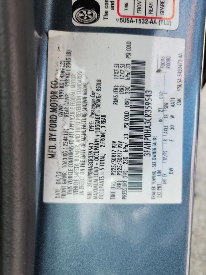 2012 Ford Fusion Se VIN: 3FAHP0HA3CR359543 Lot: 64808855