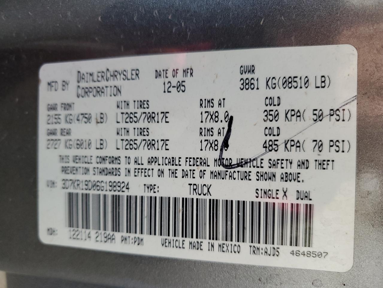 2006 Dodge Ram 1500 VIN: 3D7KR19D06G198924 Lot: 64982395