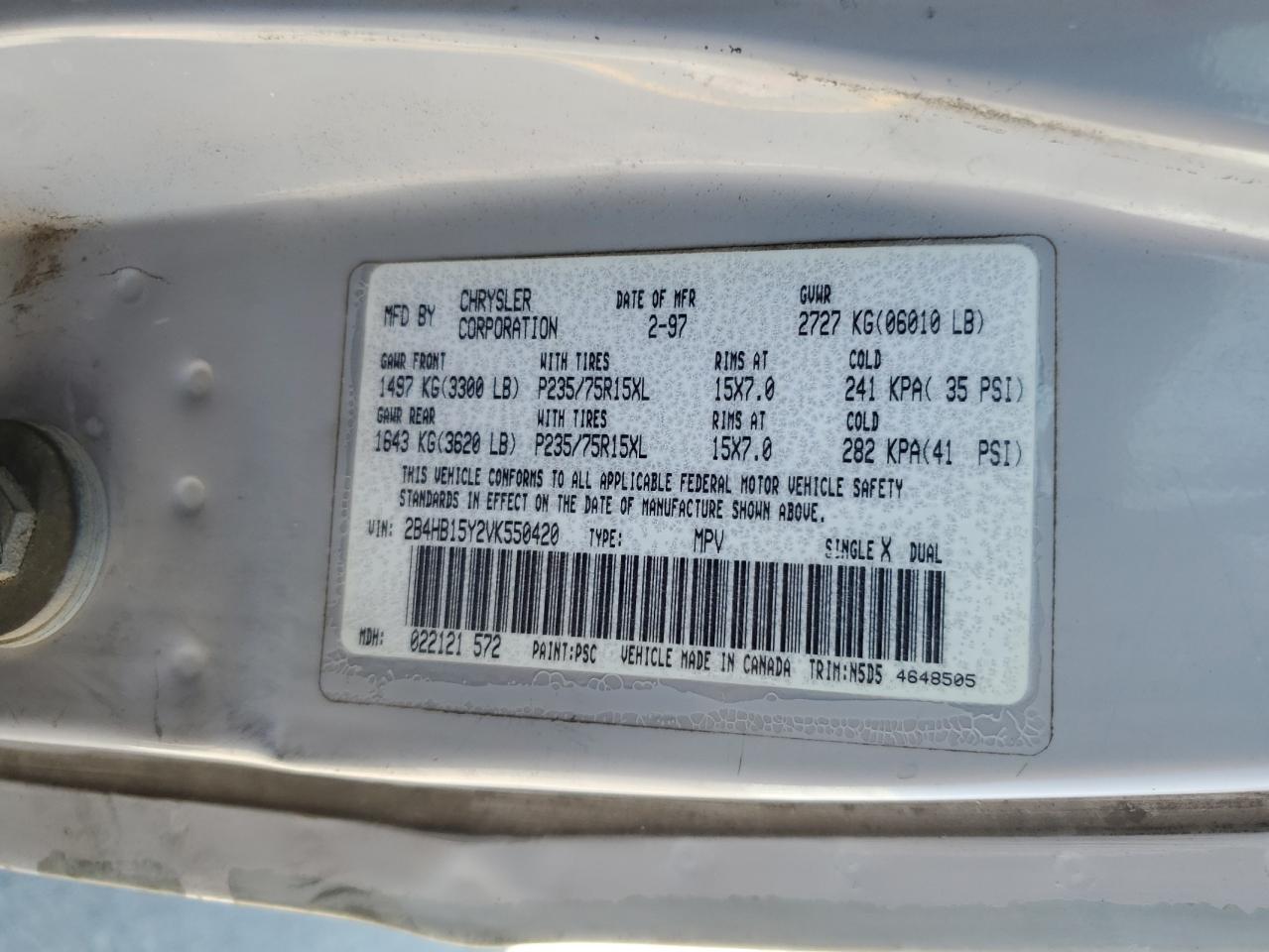 1997 Dodge Ram Wagon B1500 VIN: 2B4HB15Y2VK550420 Lot: 64066875