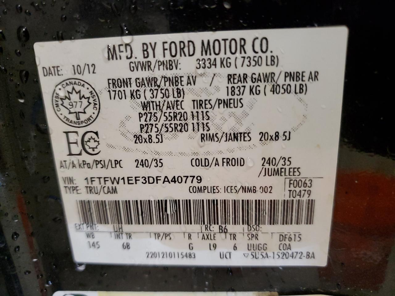 2013 Ford F150 Supercrew VIN: 1FTFW1EF3DFA40779 Lot: 64852385