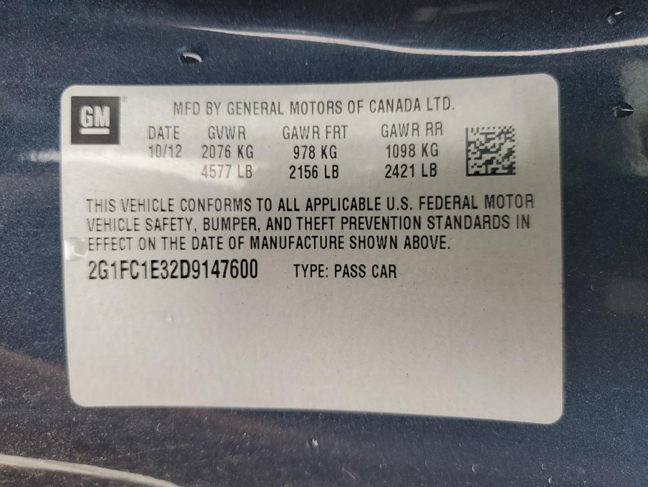 2013 Chevrolet Camaro Lt VIN: 2G1FC1E32D9147600 Lot: 62708435