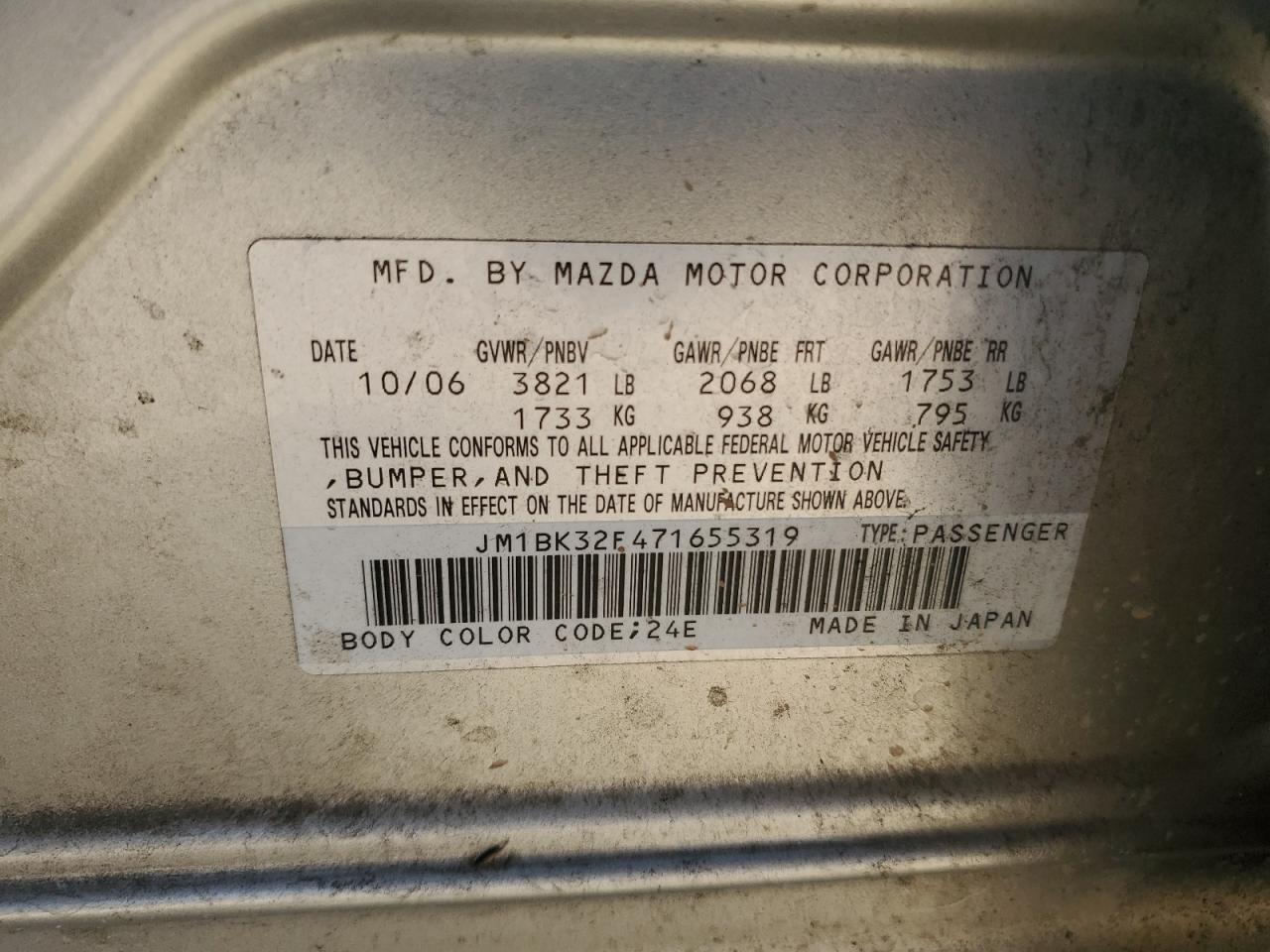 2007 Mazda 3 I VIN: JM1BK32F471655319 Lot: 63506785